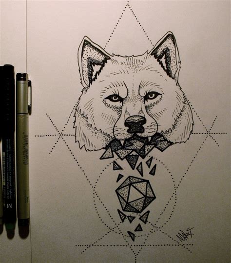 Dotwork Wolf Head Crushing A Gem On Geometric Background Tattoo Design