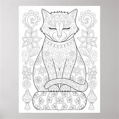 Zen Cat Coloring Poster Colorable Cat Art Poster