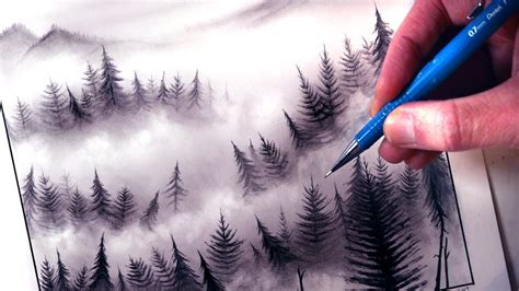 How To Draw A Misty Forest Landscape Forest Drawing Landscape