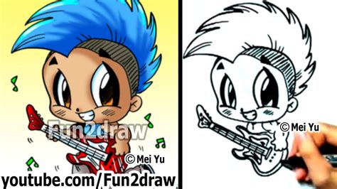 How To Draw Cartoon People Chibi Rockstar With Guitar And Mohawk