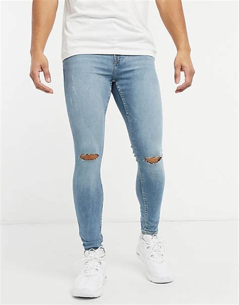Bershka Super Skinny Jeans With Rips In Bright Blue Asos