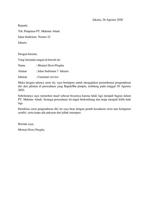 Contoh Surat Resign Simple Word Di Surat Pengunduran Diri Surat