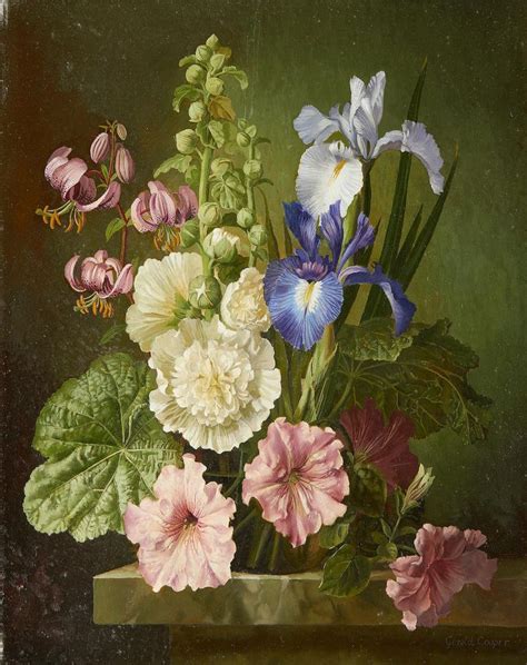 Still Life Of Hollyhocks Irises Petunias And Lilies By Gerald A