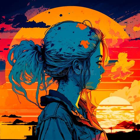 Cute Anime Girl Watching The Sunset Stock Illustration Illustration