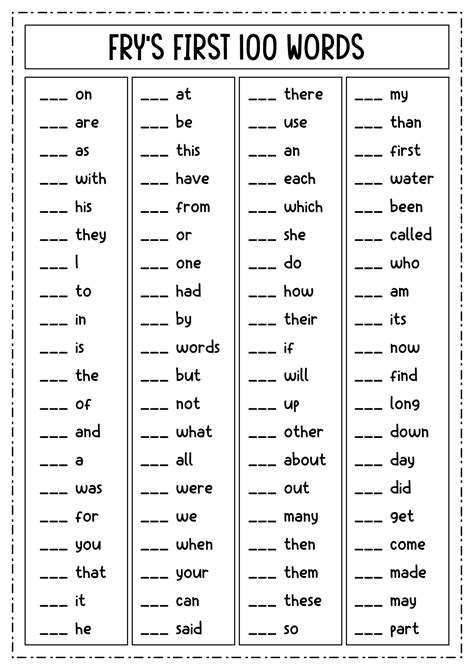 Fry First 100 Sight Words Free Printable