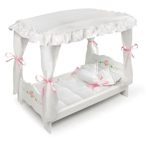 Badger Basket Canopy Doll Bed With Bedding White Rose Fits American