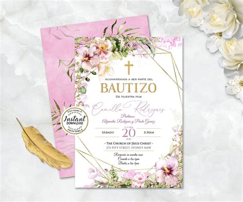 Bautizo Invitations Pink Gold Invitacione De Bautizo Niña Etsy