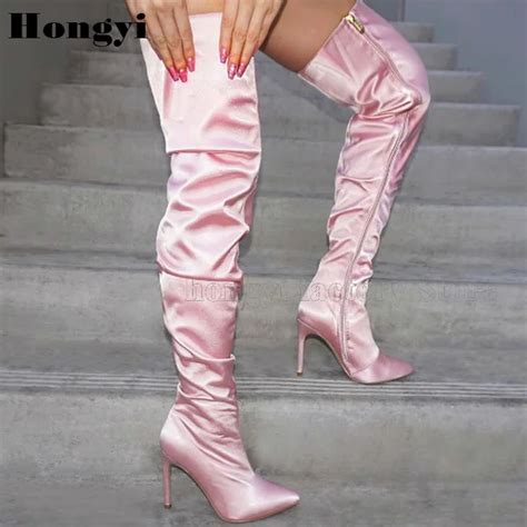 fashion sweet pink satin thigh high boots women thin high heel polish side zipper closure over