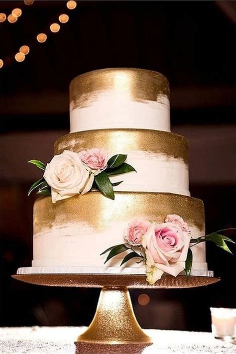 Tier Gold Wedding Cake With Blush Flowers Wedding Cake Inspiration