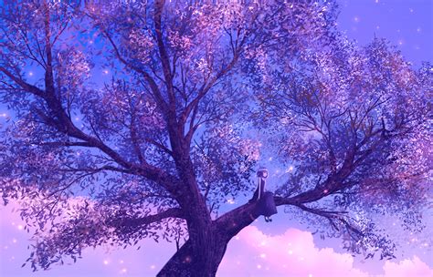 Anime Girl Sitting On Purple Big Tree 4k Wallpaperhd Anime Wallpapers