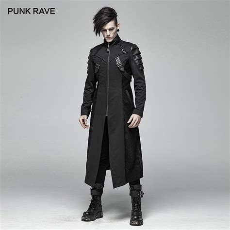 Punk Rave Mens Steampunk Black Soldier Mid Length Coat Fashion Men