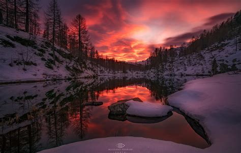 Wallpaper Winter Forest Snow Trees Sunset Lake The Evening Images