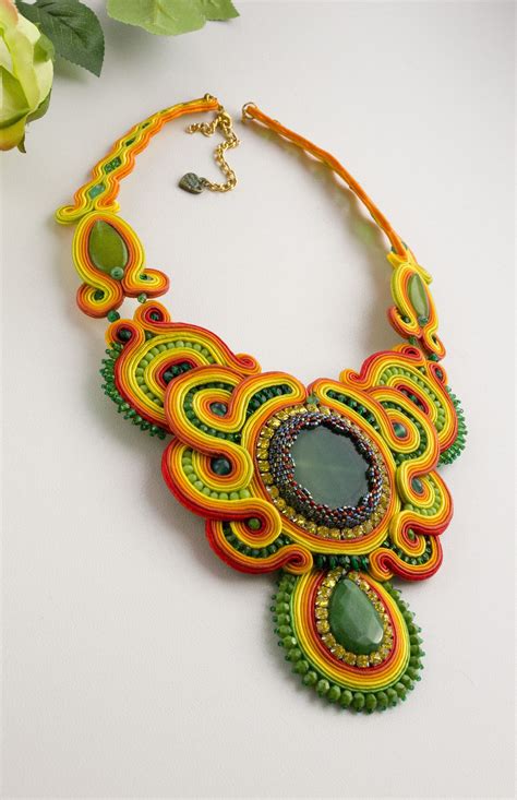 Orange And Green Impressive Necklace Big Soutache Green Gemstone