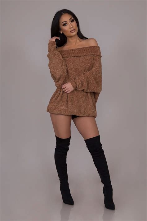 Oversized Off Shoulder Sweater Brown Mode