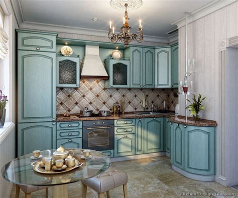 Kitchen with light blue cabinets and white counters. A concept render for a small kitchen with traditional blue ...