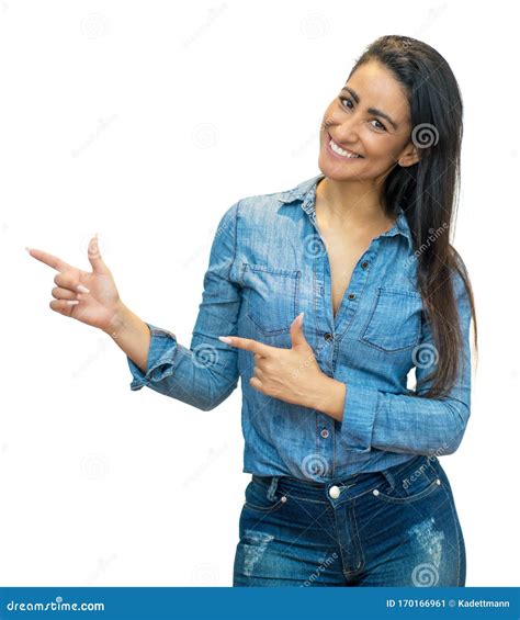 Mature Adault Latin Woman Pointing Sideways Stock Image Image Of