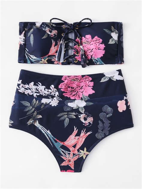 Shop Flower Print Lace Up Bandeau Bikini Set Online SheIn Offers Flower Print Lace Up Bandeau