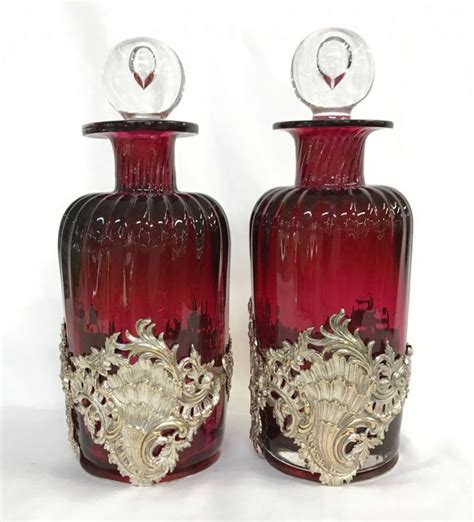 Victorian Cranberry Glass Decanters In Silver Plate Frames