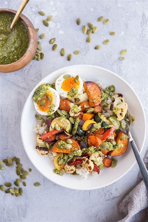Roasted Vegetable Rice Bowls With Jammy Egg And Pesto The Roasted Root