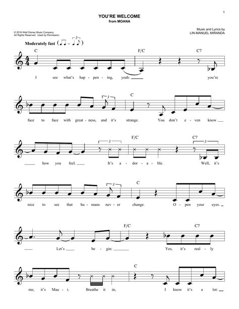 Lin Manuel Miranda You Re Welcome From Moana Sheet Music Notes Download Printable Pdf