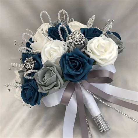 Artificial Wedding Flowers Brides Posy Bouquet With Teal Etsy