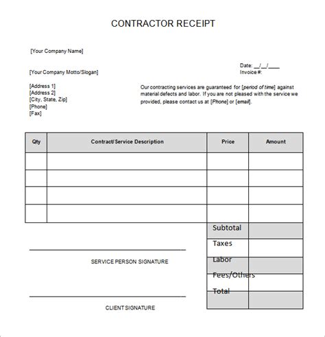 General Contractor Payment Receipt Template