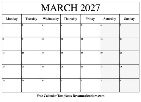 March 2027 Calendar Free Blank Printable With Holidays