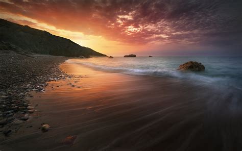 Cyprus Nature Sea Water Sunset Clouds Beach Stone