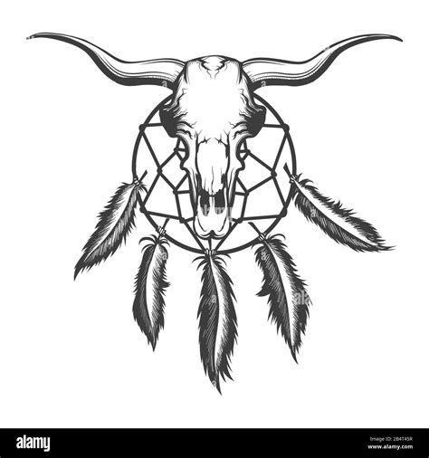 bull skull and indian dream catcher tattoo native american elements tattoo in engraving style