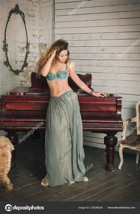 Beautiful Sexy Woman Lingerie Posing Vintage Grand Piano Long Chic