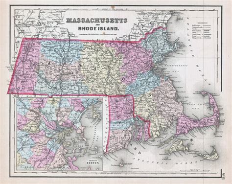 Large Detailed Old Administrative Map Of Massachusetts And Rhode Island