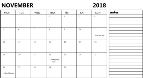 November 2018 Calendar In Pdf Word Excel Printable Templates With