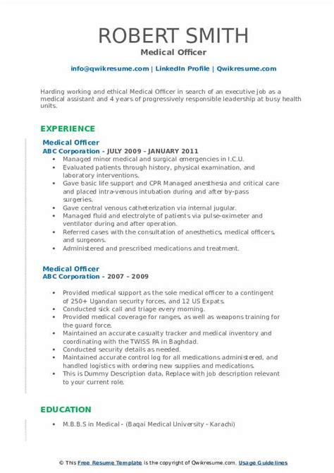 The best cv examples for your next dream job search. Medical Officer Resume Samples | QwikResume