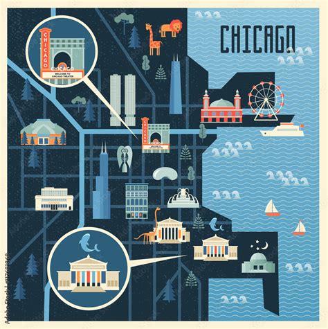 Vector Illustration Of Map With Landmarks Of Chicago Famous Places