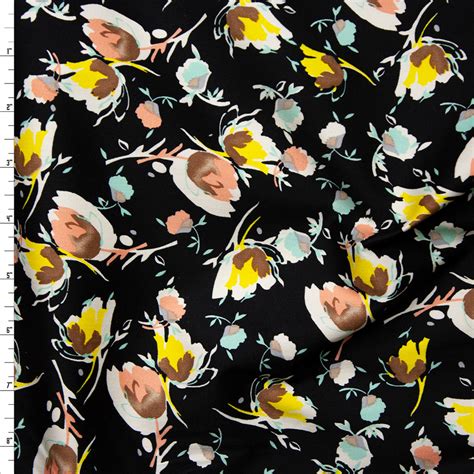 Cali Fabrics Peach Yellow And Mint Flowers On Black Stretch Cotton