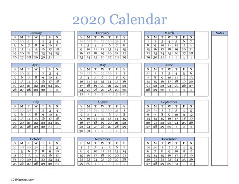 Free Printable 2020 Yearly Calendar At A Glance 101 Backgrounds