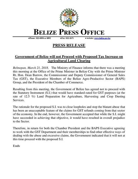 Press Release Government Of Belize Press Office