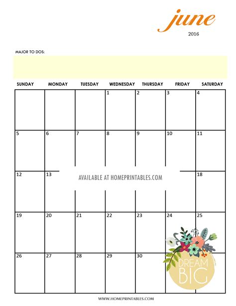 Printable June 2016 Calendar Home Printables