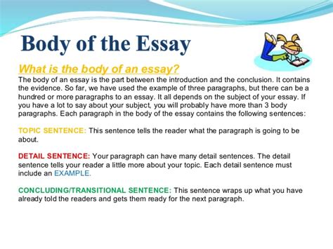 That is the thesis and the reasons for your position are the body of your essay (along with examples or evidence to support your reasons. Sample Essay Introduction Body Conclusion - Essay on Education