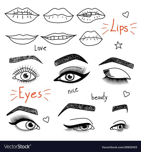 set of hand drawn womens eyes and lips royalty free vector