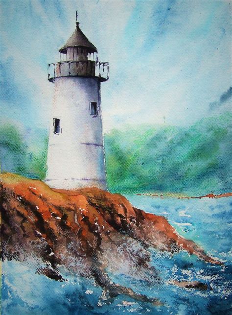 Original Watercolor Painting Lighthouse Seaside Painting Seascape