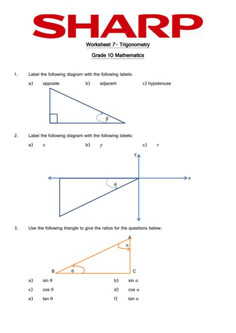Worksheet 7 Trigonometry Grade 10 Mathematics E