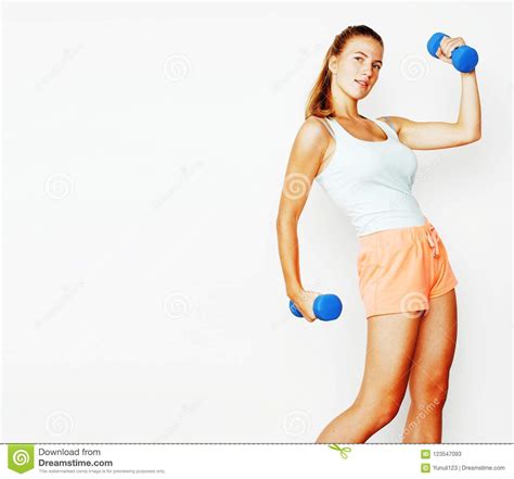Young Pretty Slim Blond Woman With Dumbbell Isolated Cheerful Sm Stock Image Image Of Lifting