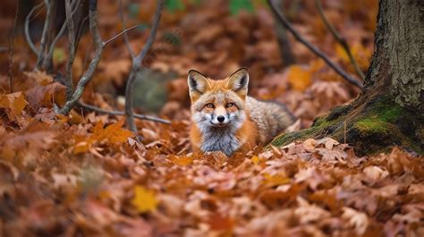 Fox In The Autumn Leaves Hd Background Delfinu Ef A Cute Fox Living In A Mountain Of Autumn