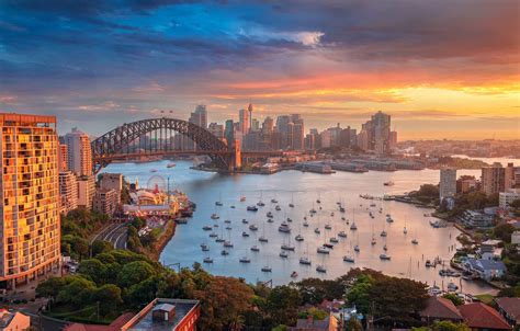 Wallpaper sunset, bridge, building, home, yachts, Australia, Bay ...