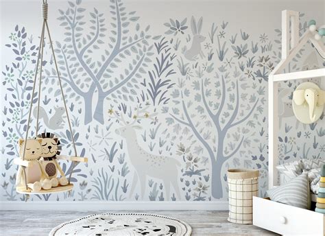 Woodland Forest Wall Mural On White Enchanted Animals Peel Etsy