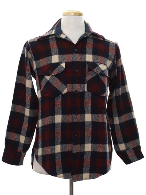 vintage 80s wool shirt 80s woolrich mens midnight blue cream and burgundy plaid print