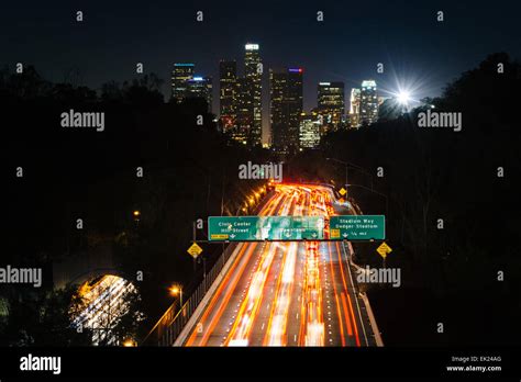 View Of The 110 Freeway And Downtown Los Angeles Skyline At Night From