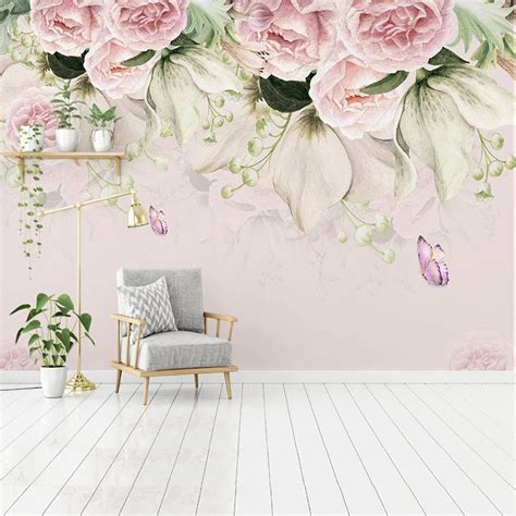 Custom Wallpaper Mural Pastoral Pink Flower Butterfly Bvm Home