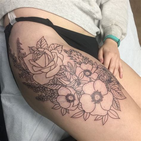 All simple state embroideries are designed with their state flower located over the state capital. State Flower floral thigh tattoo outline done by Sole del ...